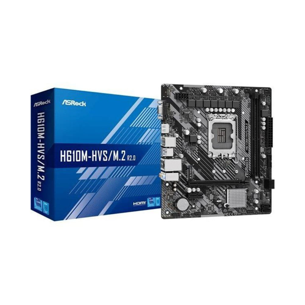 ASRock H610M-HVS/M.2 motherboard and packaging on a white background